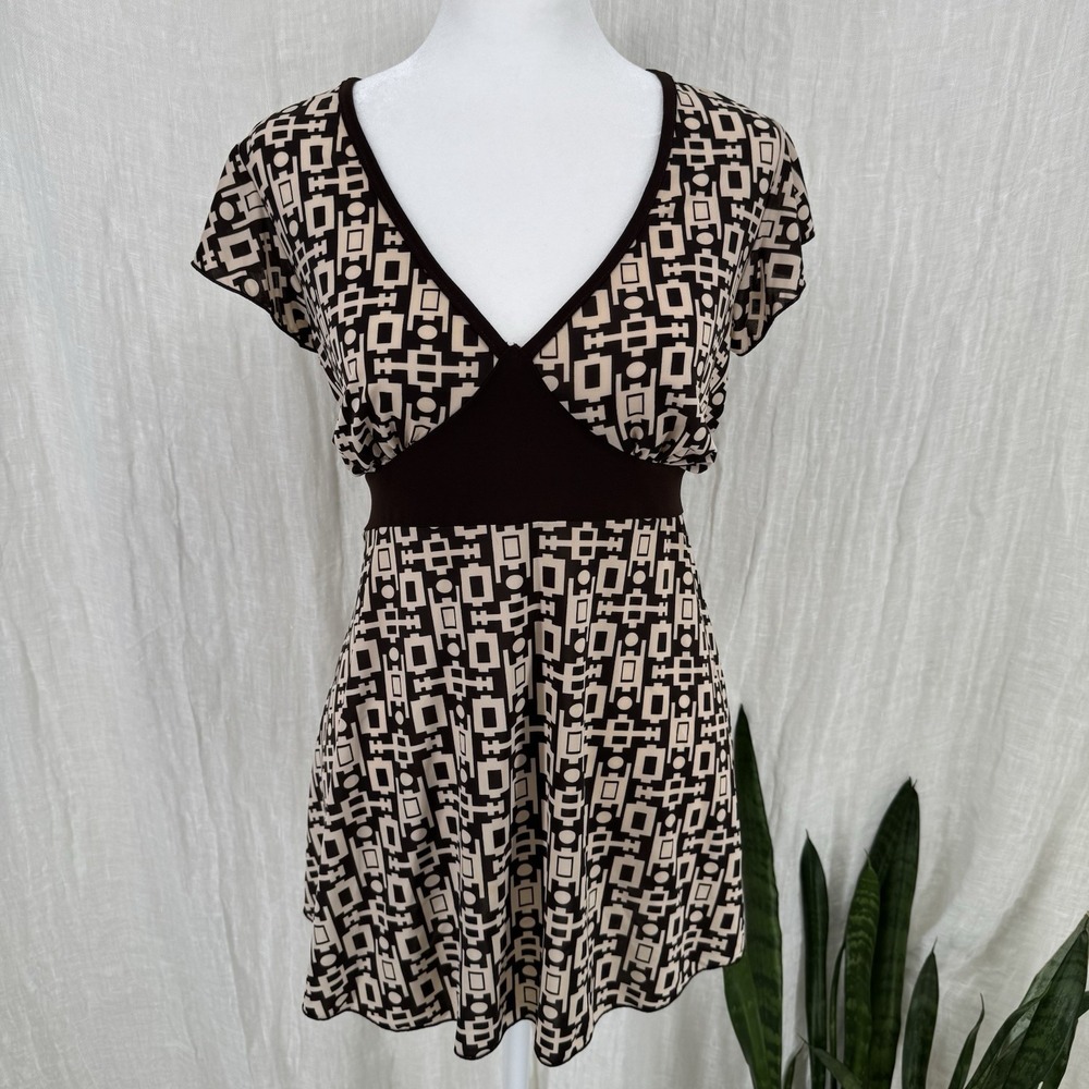 Vtg Y2K Brown Babydoll Top M Indie Geometric Tie Back